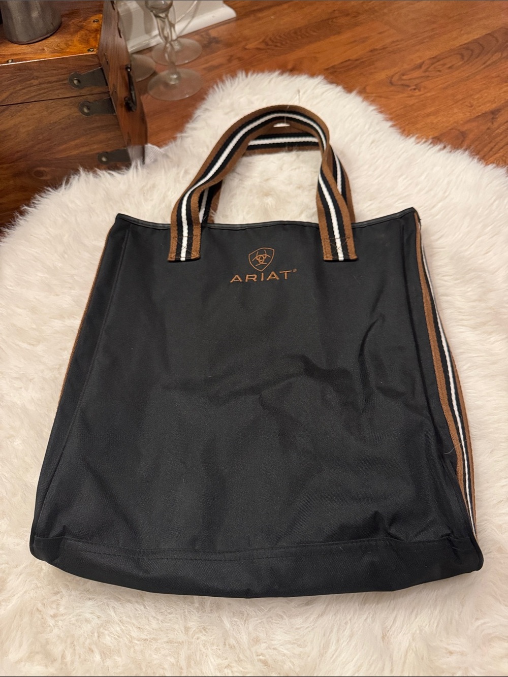 Ariat Black Canvas Duffel Tote with Brown & White Striped Handles pre-owned